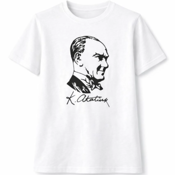 Erkek Çocuk Atatürk Baskılı Tişört Kısa Kollu Bisiklet Yaka T-Shirt - Beyaz
