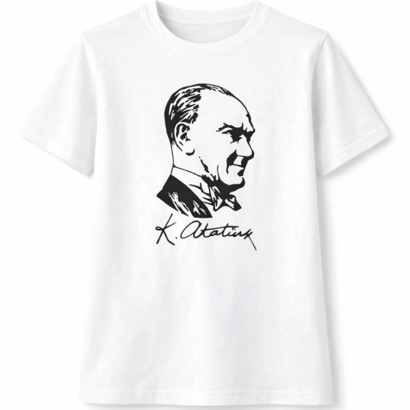 Erkek Çocuk Atatürk Baskılı Tişört Kısa Kollu Bisiklet Yaka T-Shirt - Beyaz