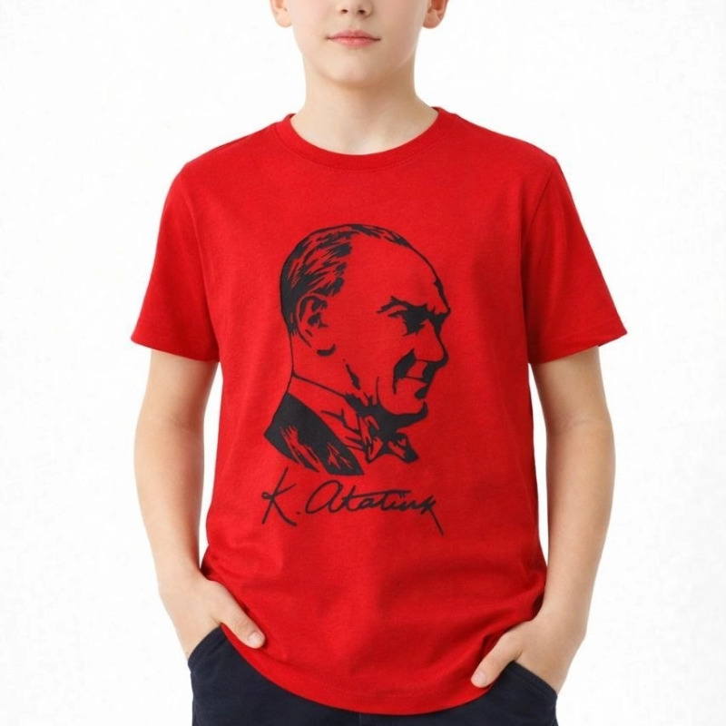 Erkek Çocuk Atatürk Baskılı Tişört Kısa Kollu Bisiklet Yaka T-Shirt - Kırmızı