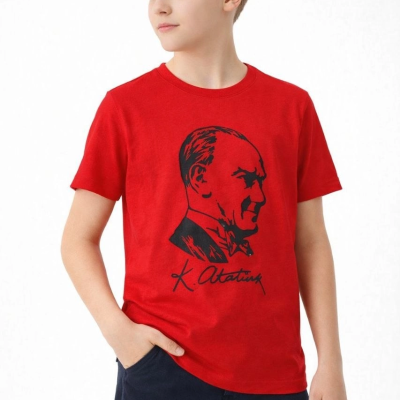 Erkek Çocuk Atatürk Baskılı Tişört Kısa Kollu Bisiklet Yaka T-Shirt - Kırmızı