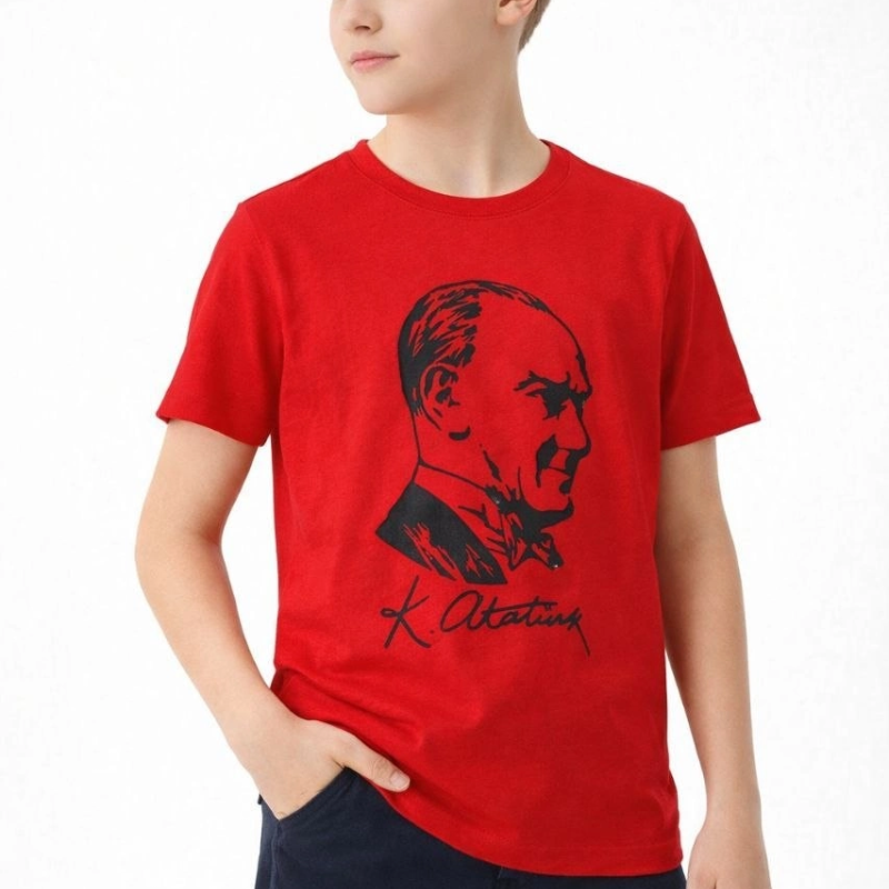 Erkek Çocuk Atatürk Baskılı Tişört Kısa Kollu Bisiklet Yaka T-Shirt - Kırmızı