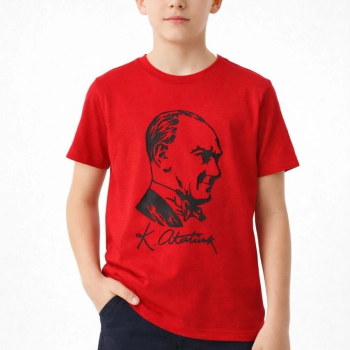Erkek Çocuk Atatürk Baskılı Tişört Kısa Kollu Bisiklet Yaka T-Shirt - Kırmızı