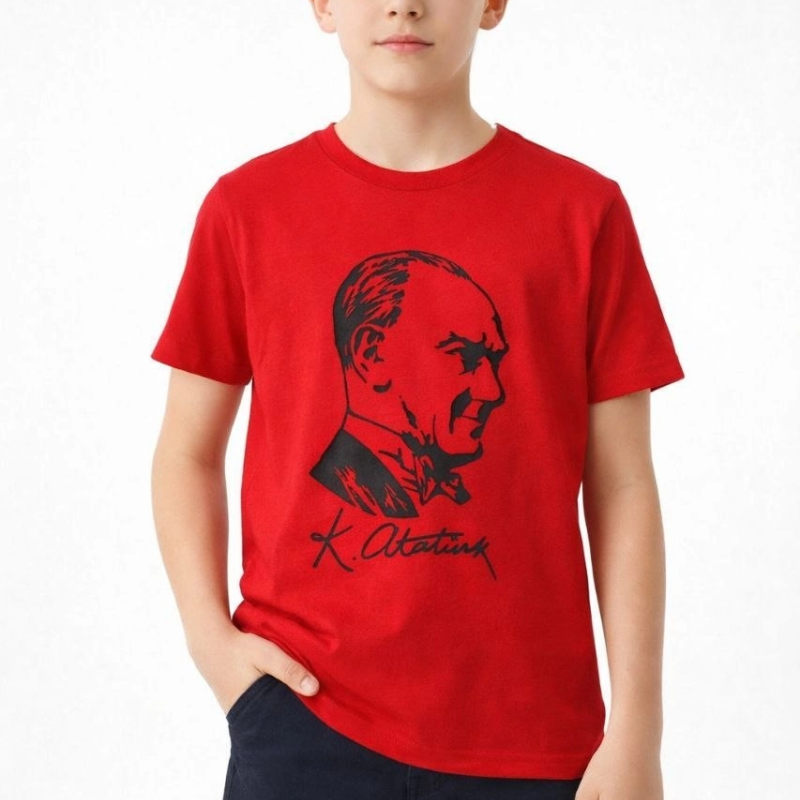 Erkek Çocuk Atatürk Baskılı Tişört Kısa Kollu Bisiklet Yaka T-Shirt - Kırmızı