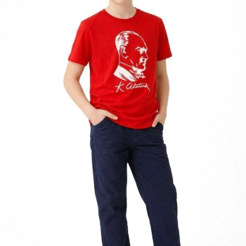 Erkek Çocuk Atatürk Baskılı Tişört Kısa Kollu Bisiklet Yaka T-Shirt - Kırmızı