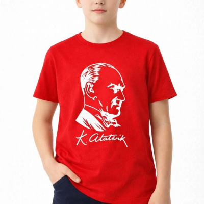 Erkek Çocuk Atatürk Baskılı Tişört Kısa Kollu Bisiklet Yaka T-Shirt - Kırmızı