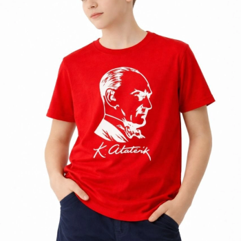 Erkek Çocuk Atatürk Baskılı Tişört Kısa Kollu Bisiklet Yaka T-Shirt - Kırmızı