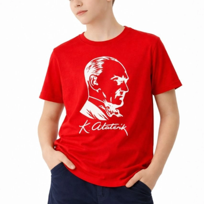 Erkek Çocuk Atatürk Baskılı Tişört Kısa Kollu Bisiklet Yaka T-Shirt - Kırmızı