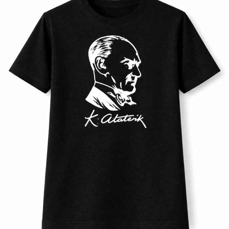 Erkek Çocuk Atatürk Baskılı Tişört Kısa Kollu Bisiklet Yaka T-Shirt - Siyah