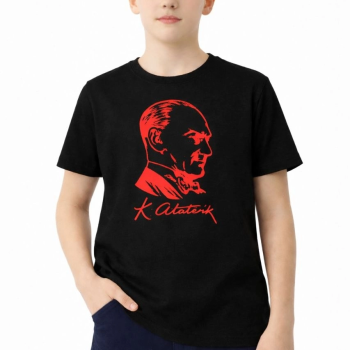 Erkek Çocuk Atatürk Baskılı Tişört Kısa Kollu Bisiklet Yaka T-Shirt - Siyah