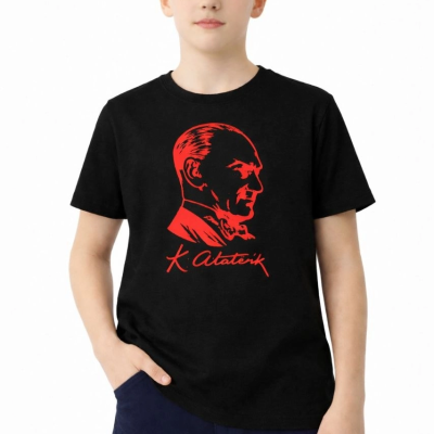 Erkek Çocuk Atatürk Baskılı Tişört Kısa Kollu Bisiklet Yaka T-Shirt - Siyah