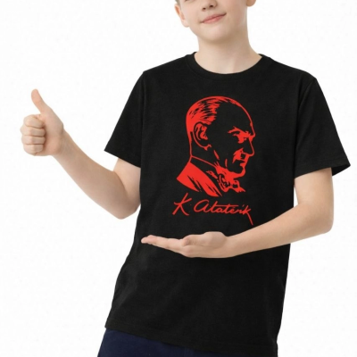 Erkek Çocuk Atatürk Baskılı Tişört Kısa Kollu Bisiklet Yaka T-Shirt - Siyah