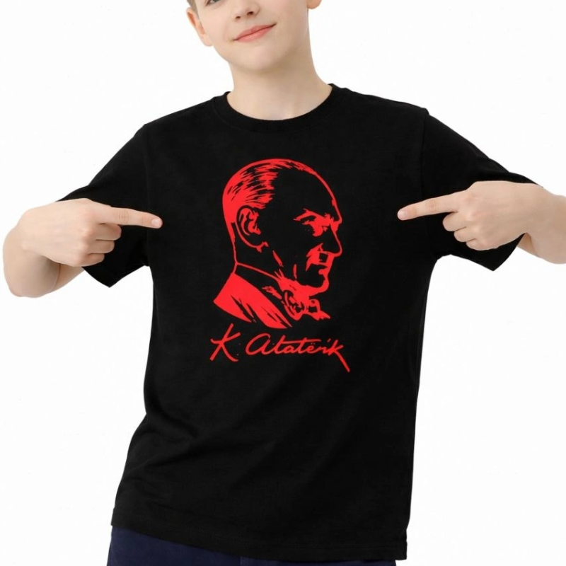 Erkek Çocuk Atatürk Baskılı Tişört Kısa Kollu Bisiklet Yaka T-Shirt - Siyah
