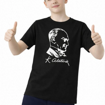 Erkek Çocuk Atatürk Baskılı Tişört Kısa Kollu Bisiklet Yaka T-Shirt - Siyah