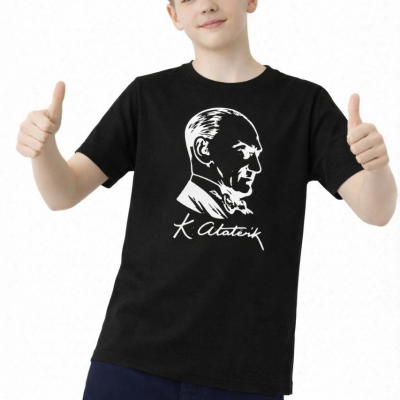 Erkek Çocuk Atatürk Baskılı Tişört Kısa Kollu Bisiklet Yaka T-Shirt - Siyah