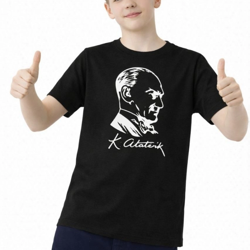 Erkek Çocuk Atatürk Baskılı Tişört Kısa Kollu Bisiklet Yaka T-Shirt - Siyah