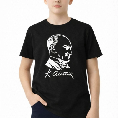 Erkek Çocuk Atatürk Baskılı Tişört Kısa Kollu Bisiklet Yaka T-Shirt - Siyah