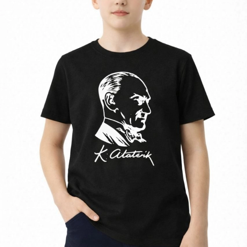 Erkek Çocuk Atatürk Baskılı Tişört Kısa Kollu Bisiklet Yaka T-Shirt - Siyah