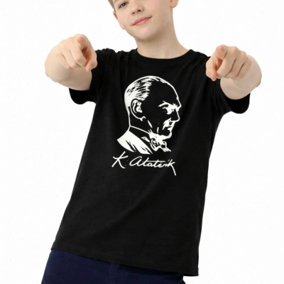 Erkek Çocuk Atatürk Baskılı Tişört Kısa Kollu Bisiklet Yaka T-Shirt - Siyah