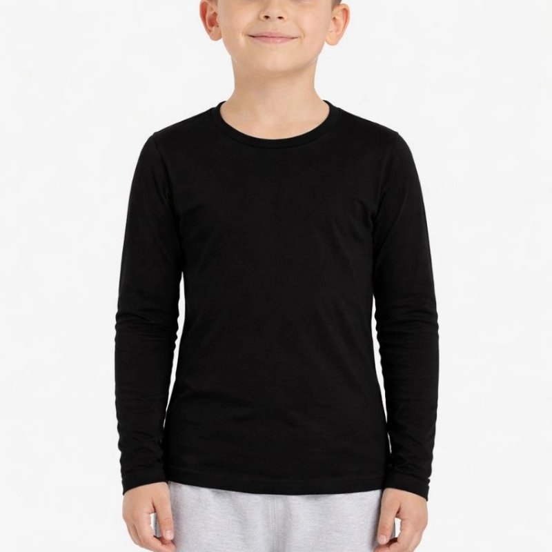 Erkek Çocuk Basic Uzun Kollu Tişört Okul Günlük Rahat T-Shirt - Siyah