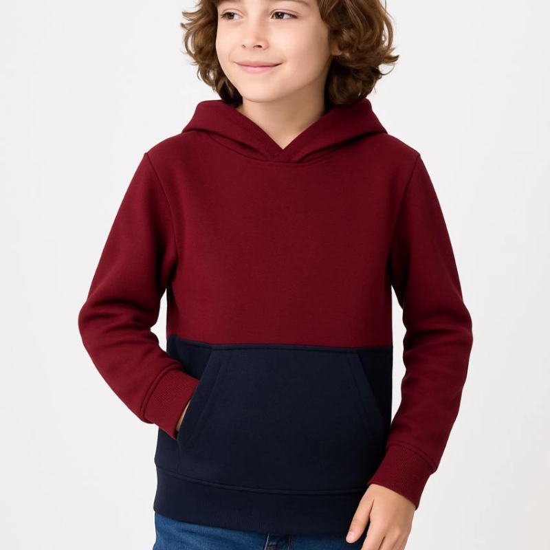 Erkek Çocuk Kapüşonlu Kanguru Cepli Parçalı SweatShirt - Renkli