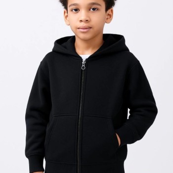 Erkek Çocuk Kapüşonlu Kanguru Çepli Tam Fermuarlı Hırka SweatShirt - Siyah