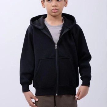 Erkek Çocuk Kapüşonlu Kanguru Çepli Tam Fermuarlı Hırka SweatShirt - Siyah