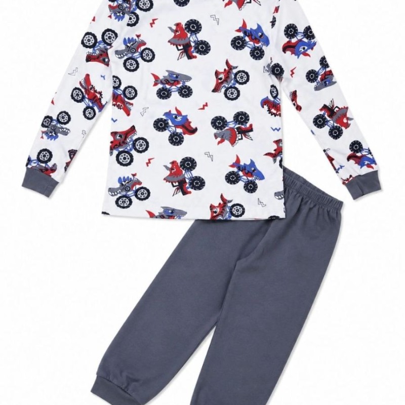 Erkek Çocuk Premium Penye Canavar Araba Desenli Uzun Kollu Pijama Takımı 2-11 Yaş - Füme