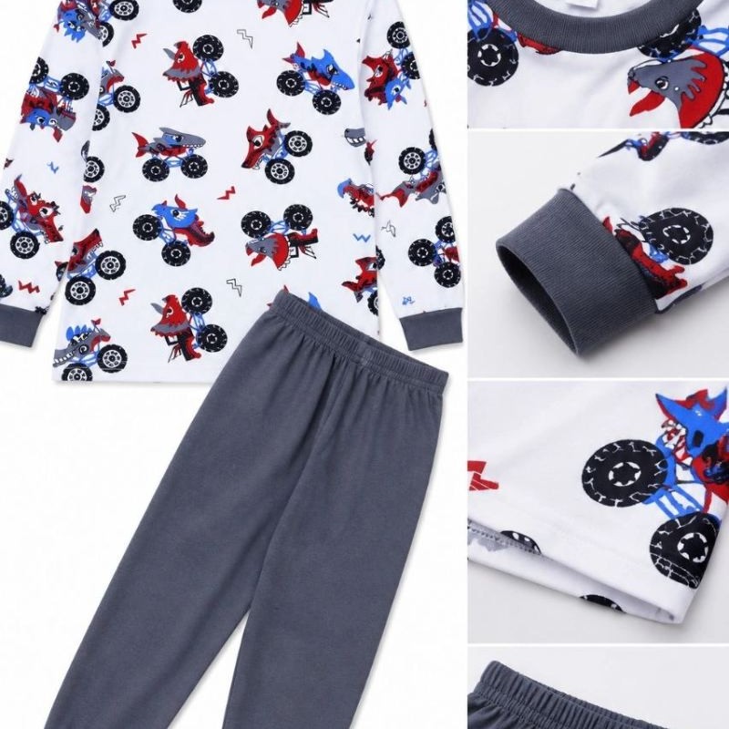Erkek Çocuk Premium Penye Canavar Araba Desenli Uzun Kollu Pijama Takımı 2-11 Yaş - Füme