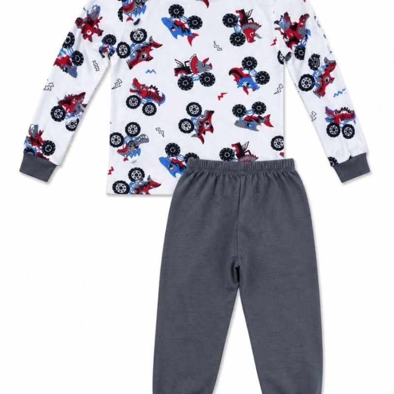 Erkek Çocuk Premium Penye Canavar Araba Desenli Uzun Kollu Pijama Takımı 2-11 Yaş - Füme