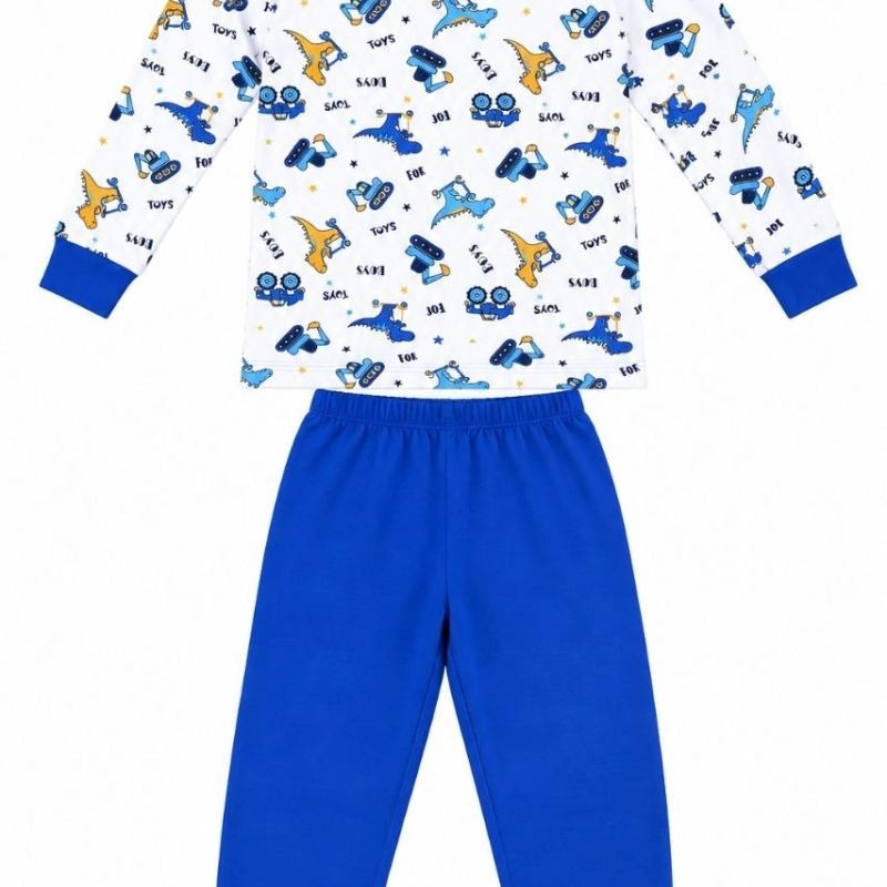 Erkek Çocuk Premium Penye Dinozor Desenli Uzun Kollu Pijama Takımı 2-11 Yaş - Mavi