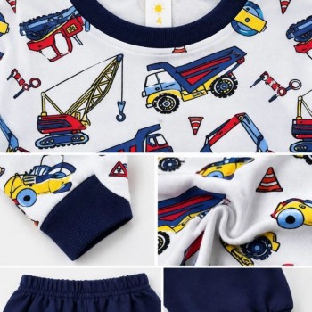 Erkek Çocuk Premium Penye İş Makinesi Desenli Uzun Kollu Pijama Takımı 2-11 Yaş - Lacivert