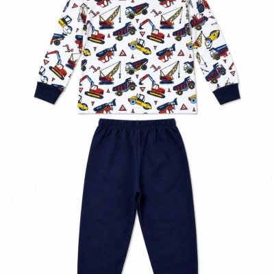 Erkek Çocuk Premium Penye İş Makinesi Desenli Uzun Kollu Pijama Takımı 2-11 Yaş - Lacivert
