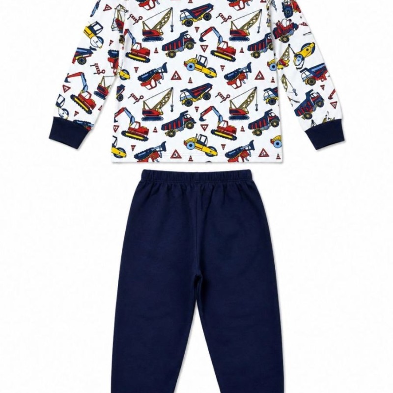 Erkek Çocuk Premium Penye İş Makinesi Desenli Uzun Kollu Pijama Takımı 2-11 Yaş - Lacivert