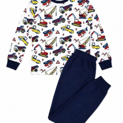 Erkek Çocuk Premium Penye İş Makinesi Desenli Uzun Kollu Pijama Takımı 2-11 Yaş - Lacivert