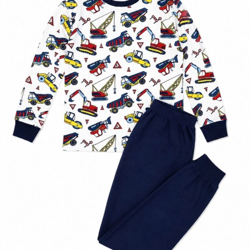 Erkek Çocuk Premium Penye İş Makinesi Desenli Uzun Kollu Pijama Takımı 2-11 Yaş - Lacivert