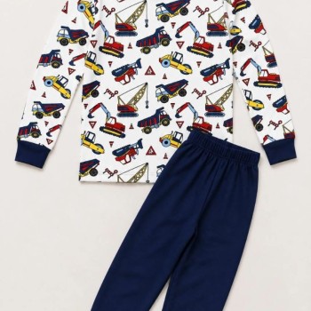 Erkek Çocuk Premium Penye İş Makinesi Desenli Uzun Kollu Pijama Takımı 2-11 Yaş - Lacivert