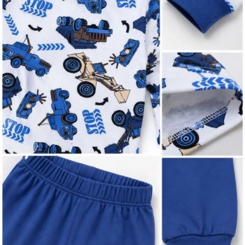 Erkek Çocuk Premium Penye İş Makinesi Desenli Uzun Kollu Pijama Takımı 2-11 Yaş - Mavi