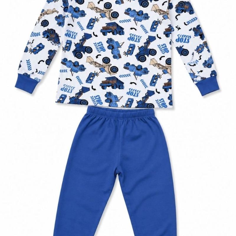 Erkek Çocuk Premium Penye İş Makinesi Desenli Uzun Kollu Pijama Takımı 2-11 Yaş - Mavi