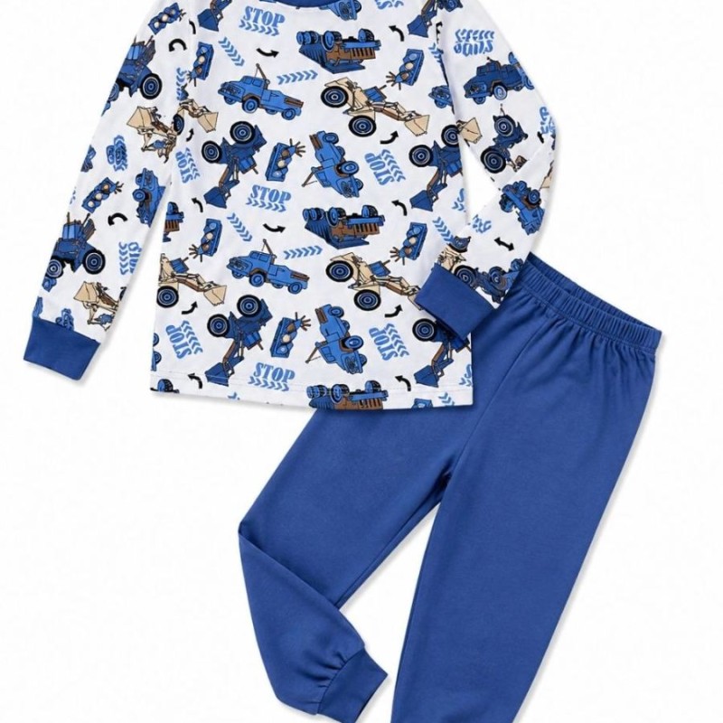 Erkek Çocuk Premium Penye İş Makinesi Desenli Uzun Kollu Pijama Takımı 2-11 Yaş - Mavi