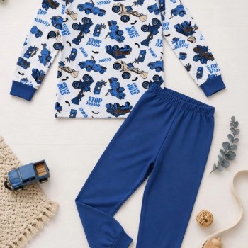 Erkek Çocuk Premium Penye İş Makinesi Desenli Uzun Kollu Pijama Takımı 2-11 Yaş - Mavi