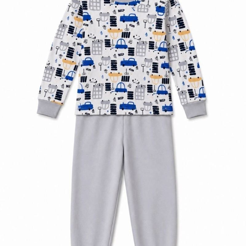 Erkek Çocuk Premium Penye Uzun Kollu Desenli Pijama Takımı 2-11 Yaş - Gri