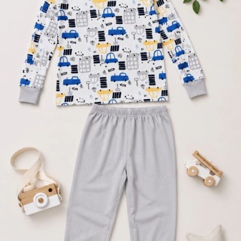 Erkek Çocuk Premium Penye Uzun Kollu Desenli Pijama Takımı 2-11 Yaş - Gri