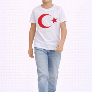 Erkek Çocuk Tişört Bisiklet Yaka Ay Yıldız Bayrak Baskılı T-Shirt - Beyaz