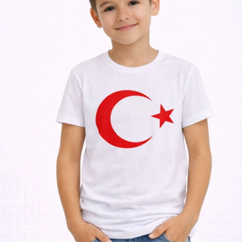 Erkek Çocuk Tişört Bisiklet Yaka Ay Yıldız Bayrak Baskılı T-Shirt - Beyaz