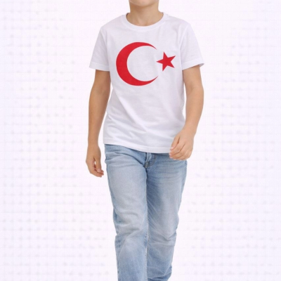 Erkek Çocuk Tişört Bisiklet Yaka Ay Yıldız Bayrak Baskılı T-Shirt - Beyaz