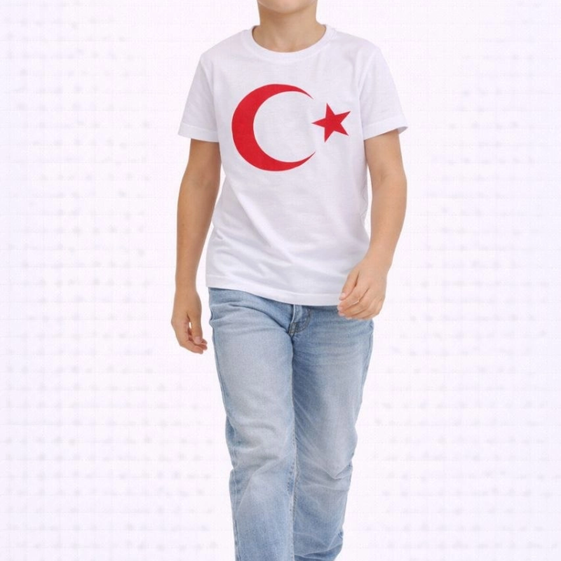 Erkek Çocuk Tişört Bisiklet Yaka Ay Yıldız Bayrak Baskılı T-Shirt - Beyaz