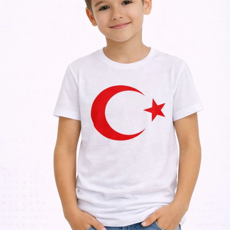 Erkek Çocuk Tişört Bisiklet Yaka Ay Yıldız Bayrak Baskılı T-Shirt - Beyaz