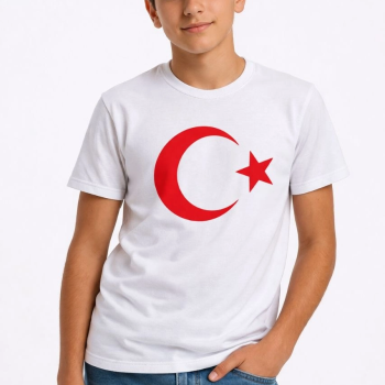 Erkek Çocuk Tişört Bisiklet Yaka Ay Yıldız Bayrak Baskılı T-Shirt - Beyaz