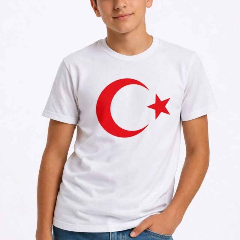 Erkek Çocuk Tişört Bisiklet Yaka Ay Yıldız Bayrak Baskılı T-Shirt - Beyaz