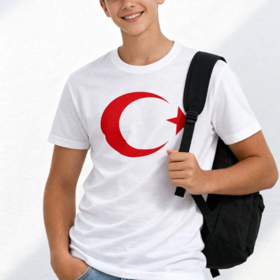 Erkek Çocuk Tişört Bisiklet Yaka Ay Yıldız Bayrak Baskılı T-Shirt - Beyaz